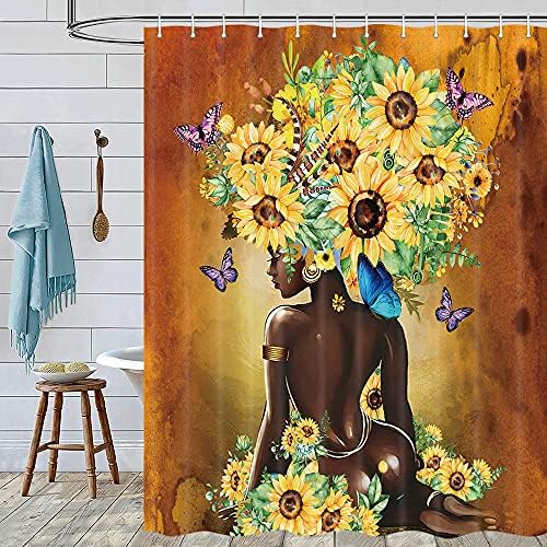 Cortina de chuveiro da mulher afro -americana bzwcbei, garota negra com cortina de chuveiro de tecido amarelo de girassol, pegue