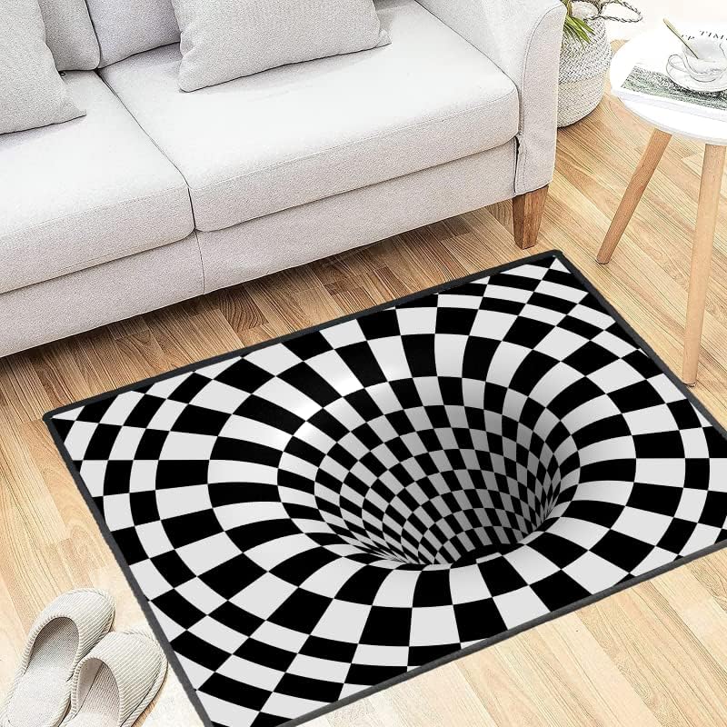 Gagnonlee 3D Vortexes Ilusão Carpet Tapetes de xadrez preto de xadrez branco preto Tapete de piso óptico visual 3D Para decoração de casa de sala de estar, tapete de área não deslizante 24 x 16 polegadas, 24'X 16 '（60x40cm)