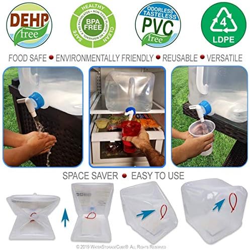 WaterStorageCube BPA Free recipiente de água dobrável com torneira, jarro de transportadora de armazenamento de água para acampamento para o Kit de mochila e sobrevivência para caminhadas ao ar livre, cantina de água portátil dobrável 1.3/2.6/5,3 galões