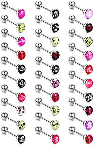 Drperfect 30pcs Palavras sofisticadas Pictures Logo Aço inoxidável Barbells reto anéis de língua bares jóias de piercing