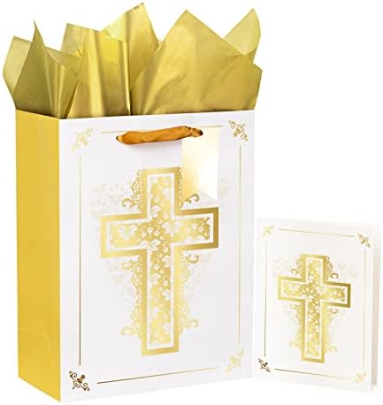 Saco de presente de cruz de ouro e papel e papel de seda - para a Páscoa, Primeira Comunhão, confirmação, casamentos, dia do clero