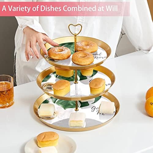 3 Placa de fruta de cupcakes de 3 camadas de sobremesa Plástico para servir suporte de exibição para casamento de aniversário Decorações de chá de chá de chá de bebê redondo, bom dia chá e folhas