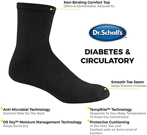 Dr. Scholl's Men's Diabetes & Circulator Meocks - 4 e 6 pares de pares - conforto não vinculativo e gerenciamento de umidade