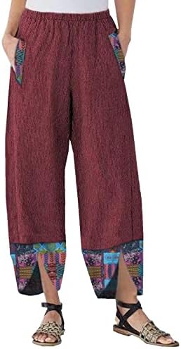 Calças de linho de algodão para mulheres calças de verão casuais com bolsos de cintura alta calças de harém vintage de harém vintage