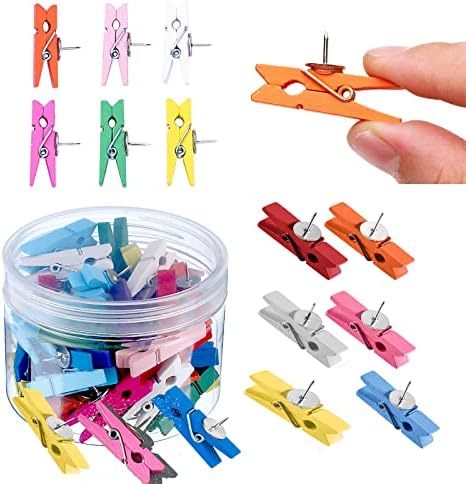 33 peças Thumbtacks empurram alfinetes com clipes de madeira coloridos Pushpins Decorative Craft Paper para placas de