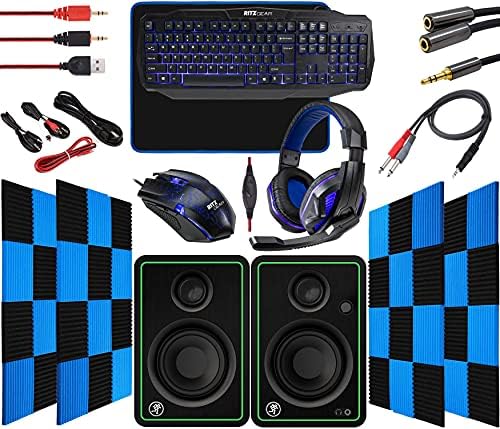 Ritzgear Blue Gaming Kit I 4-em-1 LED combina com teclado multimídia, mouse óptico, almofada de mouse e fone de ouvido com adaptador com monitores CR4-X Bluetooth e painéis de cunha à prova de som acústicos de 24 pacote