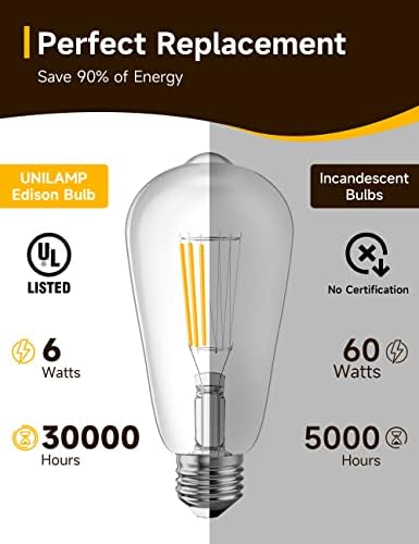 UNILAMP E26 Bulbo LED 60 watts equivalente a diminuir, lâmpada de 6W Edison, 2700k Warm White, 600lm, ST64 E26 Edison Bulbo Dimmable, lâmpadas de filamento de LED vintage, 2 pacote