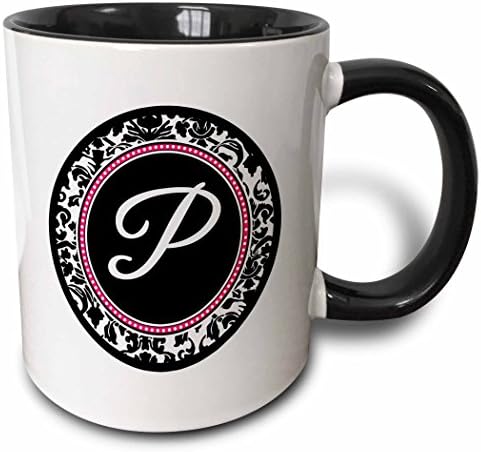 3drose letra p elegante círculo monogramado - damasco preto pessoal personalizado inicial feminino com rosa quente - caneca preta de dois tons, 11oz