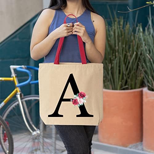 Shop4Ever Roses Floral Inicial de algodão Bolsa de compras com sacola 10 oz | Monograma reutilizável Bolsa de presentes personalizados para mulheres