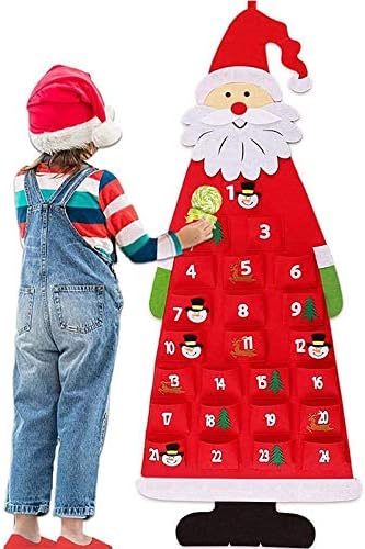 Calendário do advento de Natal Felt Reutilizável com bolsos 24 dias pendurados na parede de Santa advento para crianças