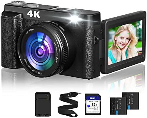 Câmera digital 4K para fotografia e vídeo AutoFocus 48MP Vlogging Câmera para YouTube com cartão SD 3 ”FLIP FLASH 16X ZOOM ANTI-SHAKE Câmera de viagem 2 baterias | Carregador de bateria para iniciantes
