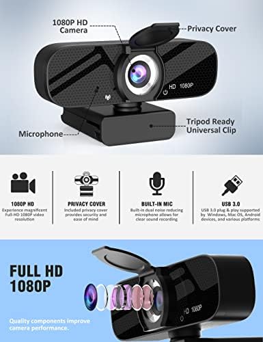 Webcam Full HD com microfone embutido e tripé rotativo, vídeo 1080p e câmera de grande angular, capa de privacidade, para