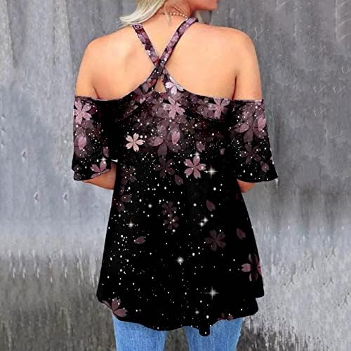 Halter feminino Off ombro camiseta feminina Sexy Cross Neck Tunic Tunic Moda Keyhole Tie Dye Tee Blusa de manga de babados