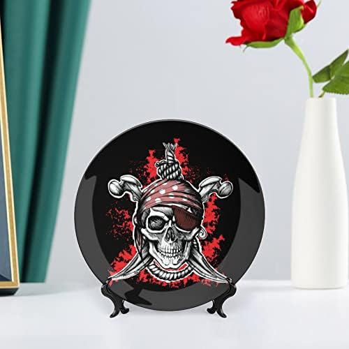 Placa decorativa de crânio de pirata preto placa de cerâmica redonda placa de porcelana com display stand for Party wedding decoração