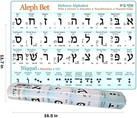 Pôster de alfabeto hebraico UV Folha de estudo protegida + Diacrítico Alef Bet Gráfico com vogais, letras hebraicas, cursiva, transliteração,