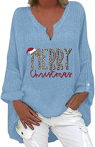 Natal Mulher de manga longa V pescoço de pescoço bainha top top linho casual camisa mulher camiseta algodão