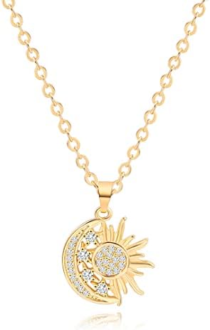 Colar de pingente de lua e estrela para mulheres, delicada colar de corda de cor de coração de 18k Chain de ouro de zircão de zircão