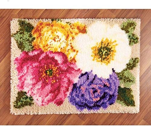 Arte de flor de tapete de gancho de trava grande com estampado kit de artesanato artesanal, flores lindas, 100x69cm