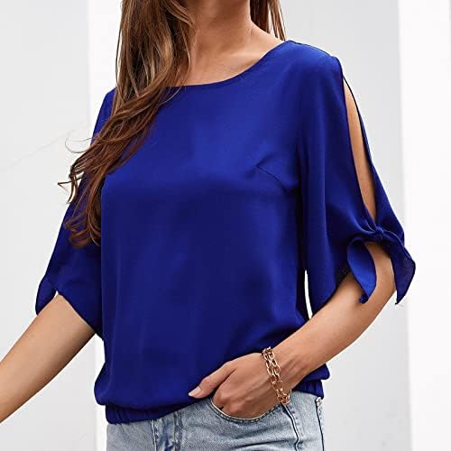 Tee de blusa para feminino Summer Summer outono de manga curta 2023 Chiffon Crewneck Boat Neck Lounge Plain Top Zu Zu