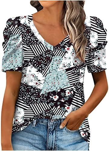 Lcepcy Puff Sleeve Tops for Women 2023 Floral Floral Impresso V camisetas T T Blouse solta Blouse para usar com jeans