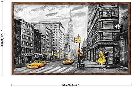 Madeira emoldurada de arte de parede de arte housewarming placar pintura a óleo Nova York, homem e mulher, táxi amarelo White-C4 33 × 55cm