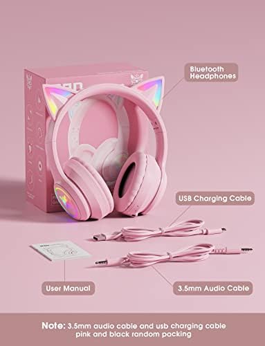 Onitoon Cat Ear Bluetooth fones de ouvido com microphone para crianças e adultos, LED Light Up Wireless Hi-Fi Sound Quality, fones de ouvido com o excesso de orelha com controle de volume para iPhone/iPad/laptop/P