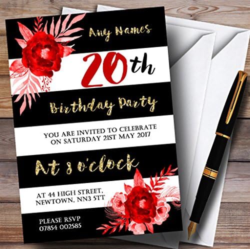 O card zoo preto branco listrado dourado flor vermelho 20º convites de festa de aniversário personalizados