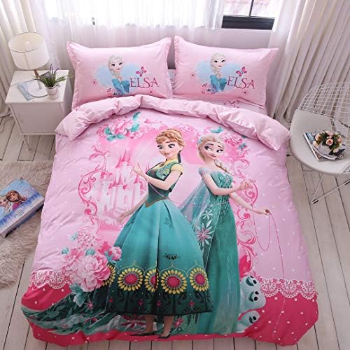 Casa algodão Casas de cama Conjunto de meninas congeladas Elsa e Anna Princesas Tampa de edredon rosa e travesseiros e lençolas, 4 peças, rainha