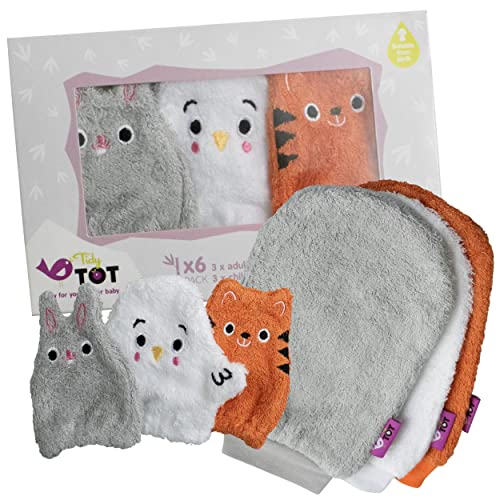 Tidy Tot Bamboo Wash Ploth Mitts - 6 luvas de tamanho perfeito - 3 para adultos, 3 para as mãos de bebê. Face sem