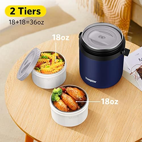 Jarra de alimentos isolados de hongijar 54oz, térmicos 8 horas de alimento quente almoço Bento Caixa, 2 níveis de recipientes térmicos empilháveis, sopa de a vácuo à prova de parede dupla, camadas de aço inoxidável de armazenamento para adultos