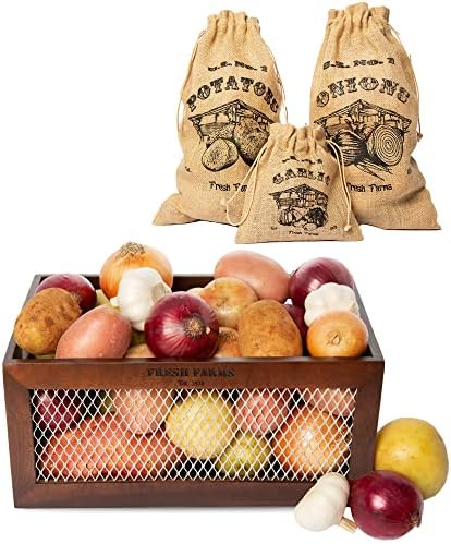 Bin de armazenamento de batata e cebola carregada - armazenamento de alho, caixa de caixas de madeira de cozinha artesanal