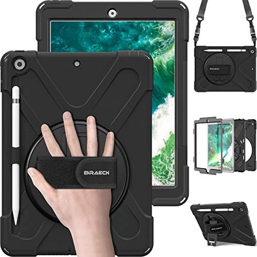 Caixa do iPad Braecn 6/5ª Geração, iPad 9.7 2018/2017 Case -devê -lo -de -choque de imposto de serviço com suporte de lápis, alça de ombro e alça de mão rotativa/suporte para iPad CASO A1893/A1954/A1822/A1823 -Black