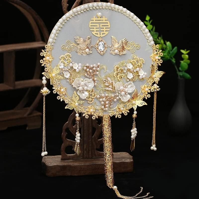 N/A Fan de penteado chinês de miçanga do tipo Fan Flowers Flowers Handmades Pearls Metal Round Fan Wedding Acessorie