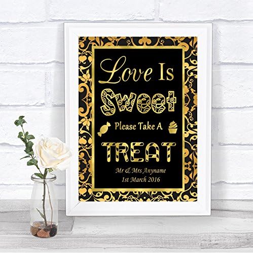 O amor preto e dourado é um buffet de doces doce sinal de casamento personalizado