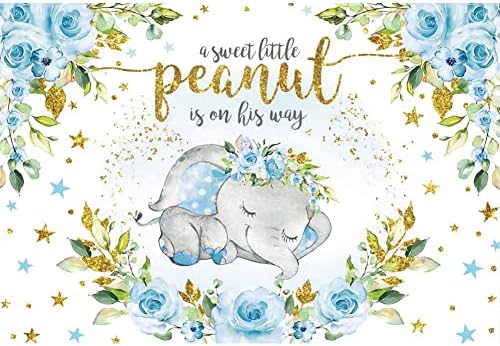5x3ft Um pequeno amendoim está a caminho do pano de fundo azul floral bebê menino elefante chá de bebê fotografia background