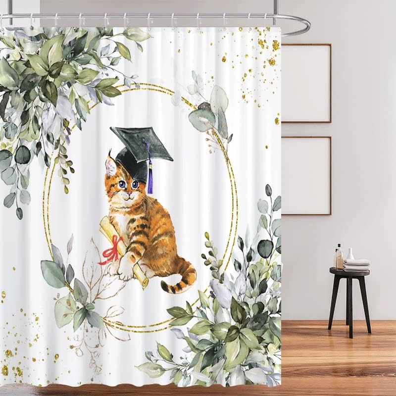 Wollmix Green Eucalyptus folhas com cortina de chuveiro de gato para o banheiro Gato mestre de graduação com tampa de gato de
