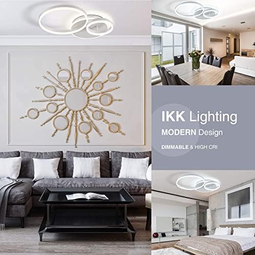 IKK Luz de teto moderno, luminária de montagem de descarga LED diminuída com controle remoto, 3 anéis brancos Sombra de acrílico 45W Lâmpada de teto moderno para cozinha para cozinha, salas de estar, entrada, escada, lâmpada de parede