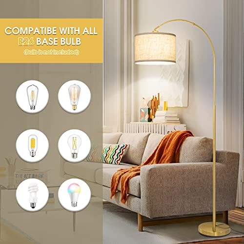 Lâmpada de piso dourado, lâmpada de piso de arco para sala de estar com abajur de tambor ajustável, lâmpada de pé moderna