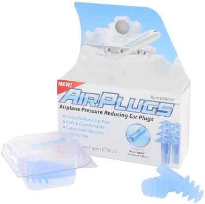 Hearos Airplugs Pressão da companhia aérea reduzindo tampões para os ouvidos, 1 par + estojo livre, silicone livre