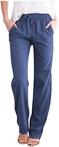 calças agitadas para mulheres algodão casual e linho Solid Color cordial de cordas elásticas calças retas longas e retas