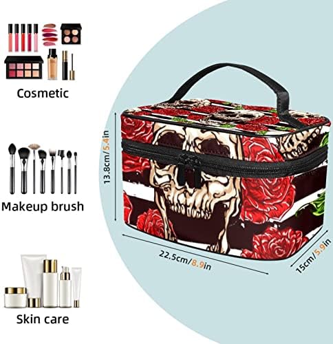 Organizador de bolsa de maquiagem de viagem Yoyoamoy, bolsa de armazenamento de higiene pessoal à prova d'água com alça, bolsa de maquiagem grande para meninas adolescentes Ladies Sugar Skull Rose Black Stripes