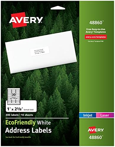 Etiquetas de correspondência Avery Ecofriendly para impressoras a laser e a jato de tinta, 1 x 2 5/8 polegadas, branco,