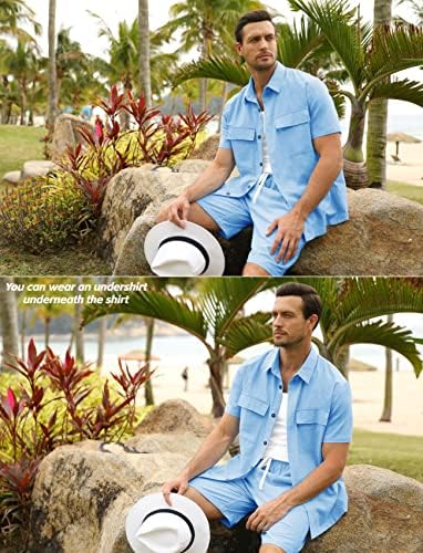 Homens de 2 peças camisas de linho conjuntos de roupas de praia de verão botão de manga curta para baixo camisa de tração de tração