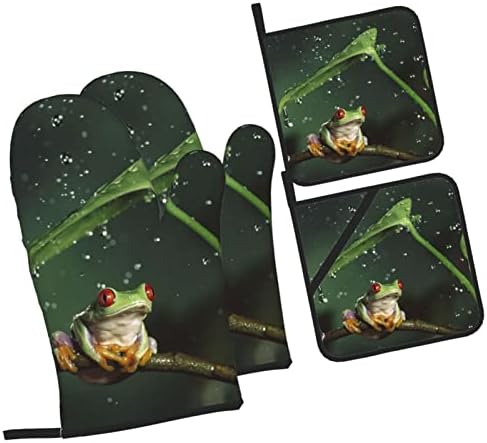 Peace Tree Frog Luvas de forno e detentores de maconha Conjunto de 4 peças para cozinhar cozinha e assando alto conjunto