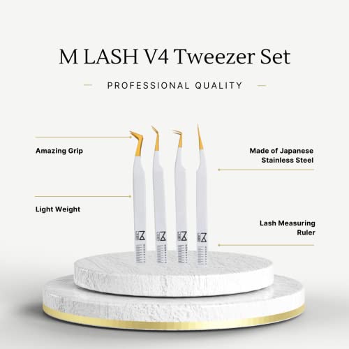 M Lash V4 Tweezers para volume, clássico, híbrido e mega volume japonês aço inoxidável - Lashes Tool Supplies Conjunto de