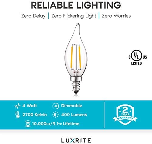 Luxrite 4W Candelabra LED BULS DIMMÁVEL, 400 LUMENS, 2700K BRANCO QUENTE, LUDELIER LIDELIER BULBS 40W