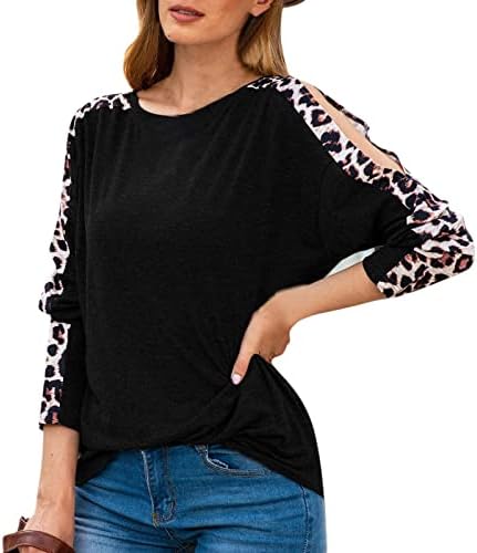 Zdfer feminino redondo pescoço de leopardo tampas casuais fora do ombro de manga longa camisetas de túnica Blusa do