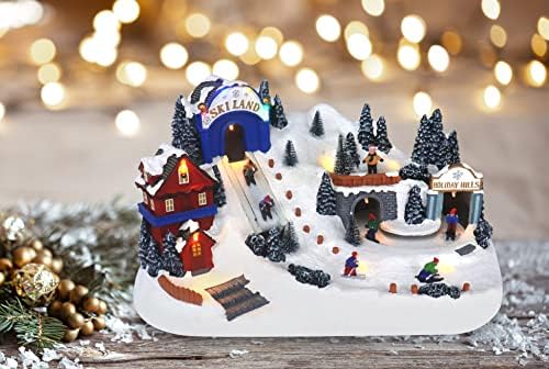 Resorção de esqui de natal da vila com esquiadores em movimento - exibição de mesa animada com luzes led Lights Christmas Village - adição perfeita às suas decorações internas de Natal e coleções de férias