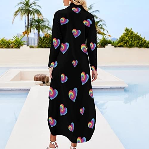 Tie-Dye Heart Mulheres de manga longa Manxi Button Down Dress Vestido de blusa casual vestidos