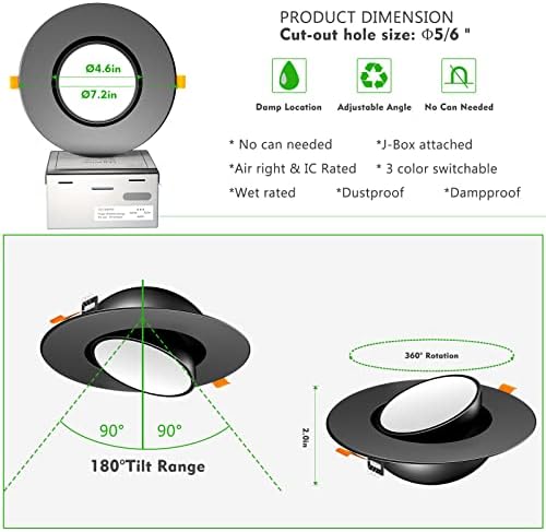 Bulbeats de 6 polegadas LED GIMBAL RECUTADO LEVA RESPONDIDADE BLACK SCORTE RESPONDIDADO DE LAN LAN LAPLE com globo ocular, 3000K/4000K/5000K